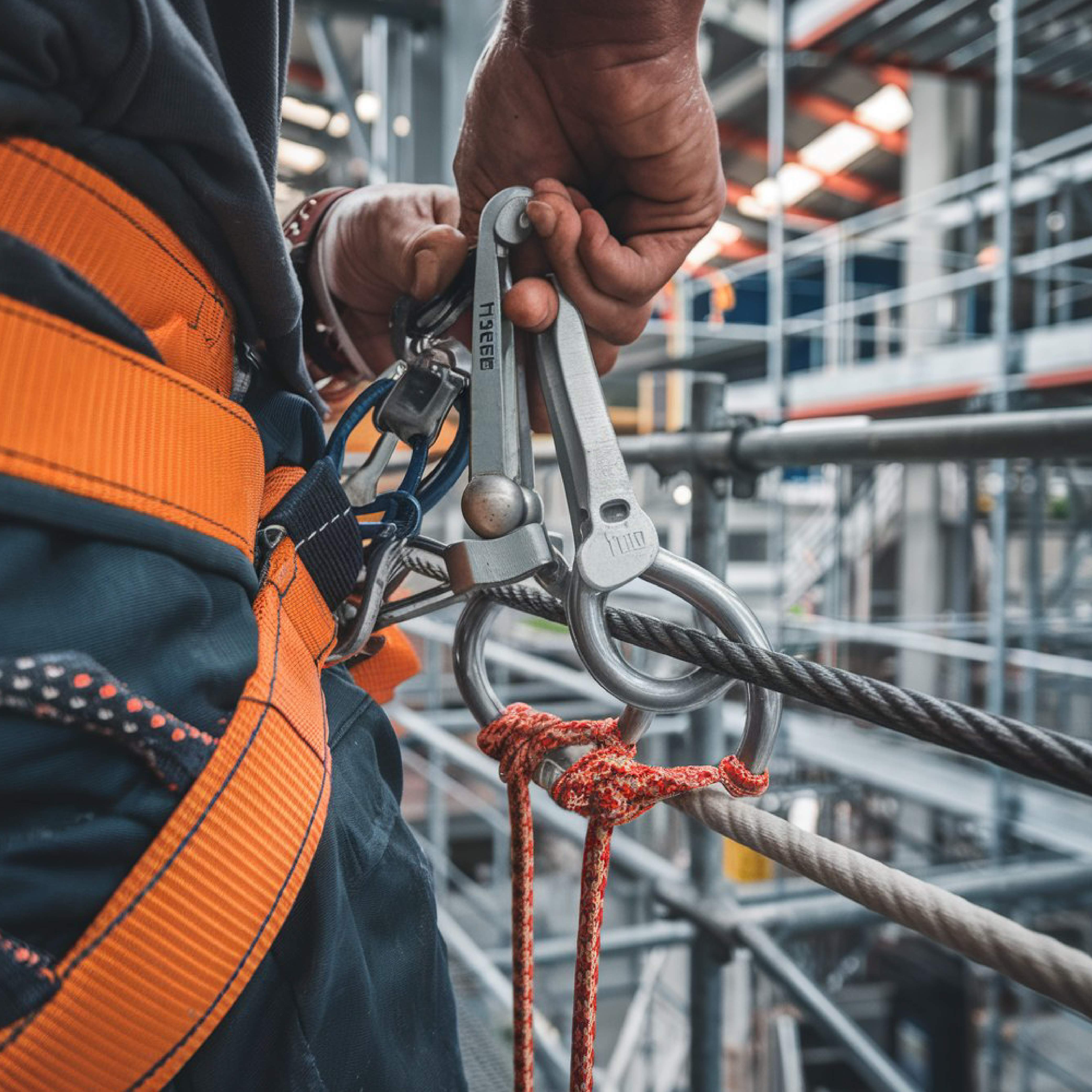 Equipamento de Ancoragem com mosquetão e cordas de segurança