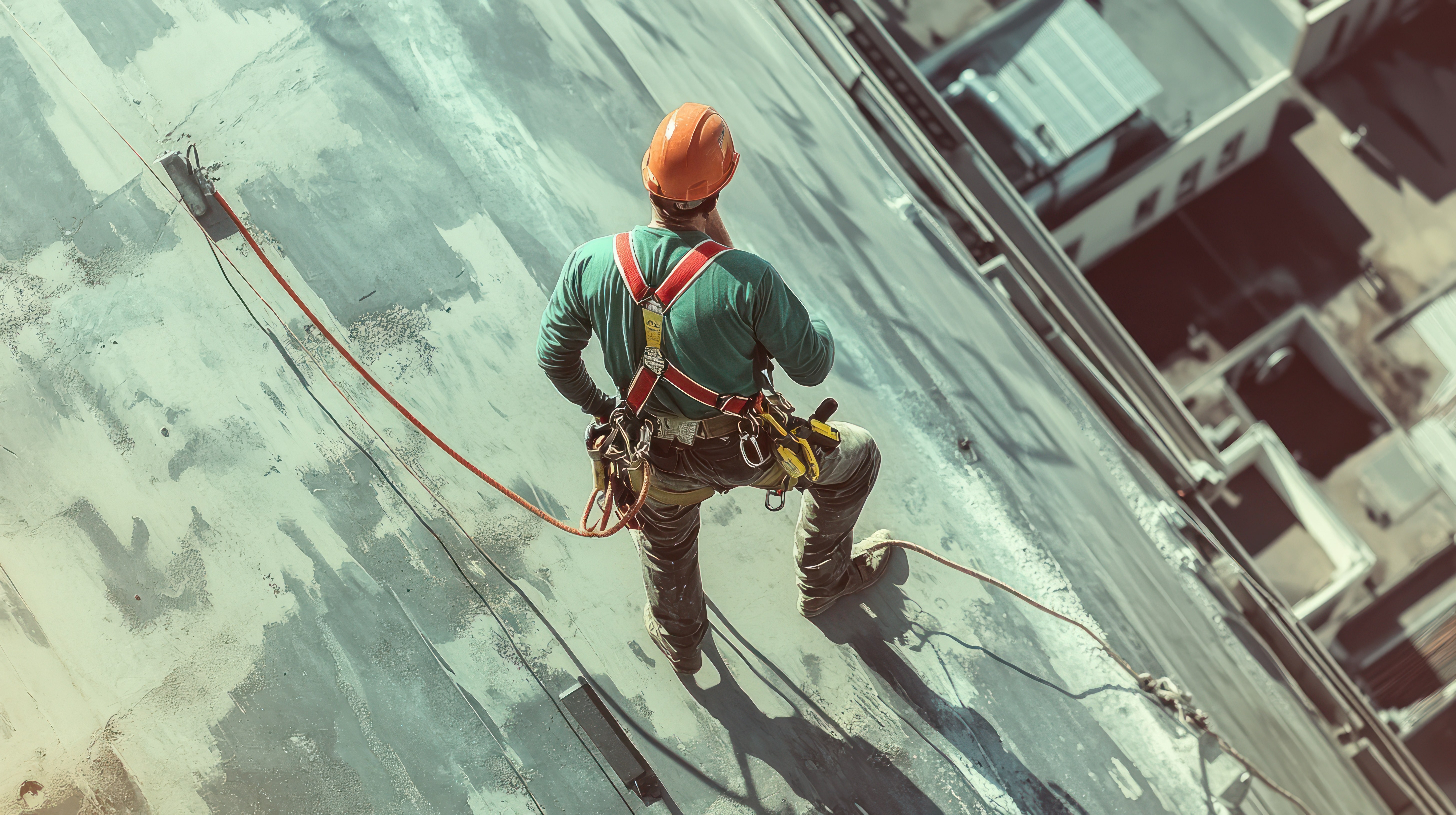 Trabalhador usando linha de vida em altura